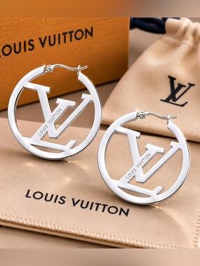 Louis Vuitton Silver Cutout LV Hoop Earrings